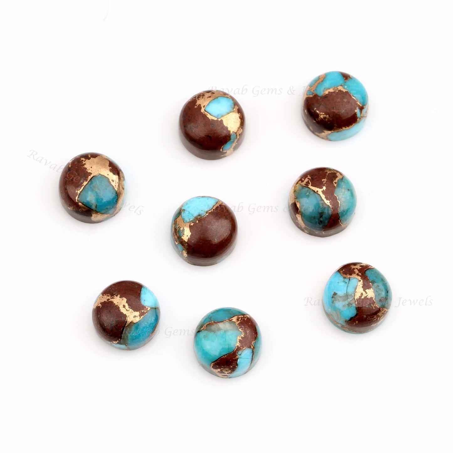 Natural Lava Copper Turquoise Round Shape Cabochons, Calibrated Gemstone For Jewelry Making, Loose Beads For Earring - 2 Pcs