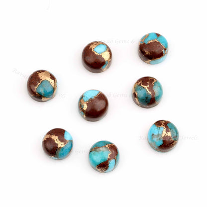 Natural Lava Copper Turquoise Round Shape Cabochons, Calibrated Gemstone For Jewelry Making, Loose Beads For Earring - 2 Pcs