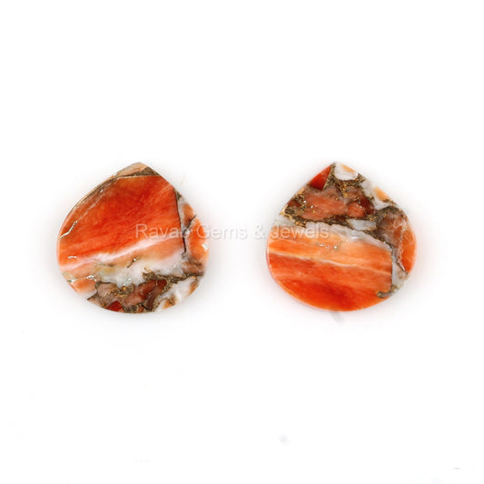Sponge Coral Copper Heart Shape Smooth Flat Gemstone, Calibrated Loose Beads Stone For Jewelry Earring Ring Necklace Making- 2 Pcs Set