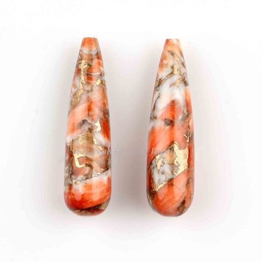 Sponge Coral Copper Long Drop Smooth Gemstone, Calibrated Pair Stones For Jewelry Earring Making- Wholesale Rate 2 Pcs Set 9x30mm For Gifted