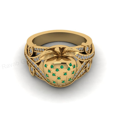 Top Selling 925 Silver Gold Plated Round Shape Cubic Zirconia Accents Gemstone Apple Fruit Shape Design Women Fine Jewelry Customized Ring