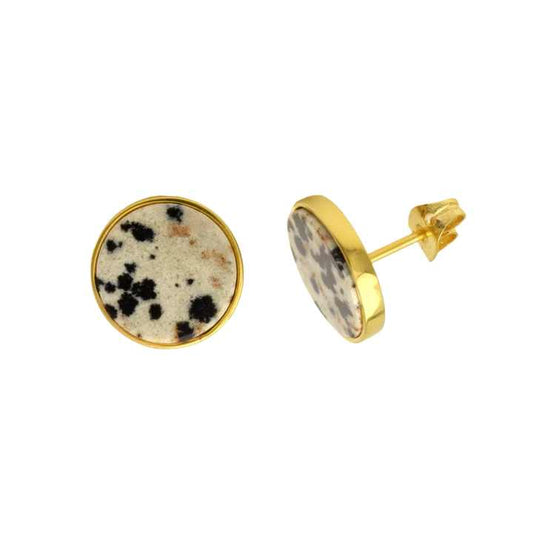 Handmade Dalmatian Jasper Women Earrings 18k Gold Plated Sterling Silver Natural Round Shape Gemstone Stud Earrings