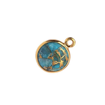 12mm Natural Mohave Blue Copper Turquoise Gemstone Bezel 18k Gold Plated Sterling Silver Round Shape Charm Pendant for Necklace