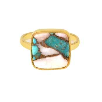 Solid 925 Sterling Silver 18k Gold Plated Pink Opal Copper Turquoise 12mm Cushion Bezel Setting Handmade Women Ring