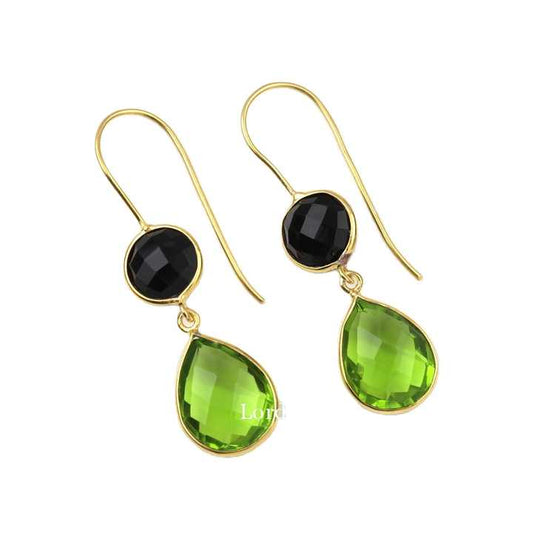 Best Selling Solid 925 Sterling Silver 18k Gold Plated Peridot & Black Onyx Drop Dangle Checker Cut Bezel Setting Fine Earring