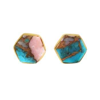 Genuine Solid 925 Sterling Silver 10mm Pink Opal Copper Turquoise Hexagon Shape 18k Gold Filled Stud Handmade Earring for Women
