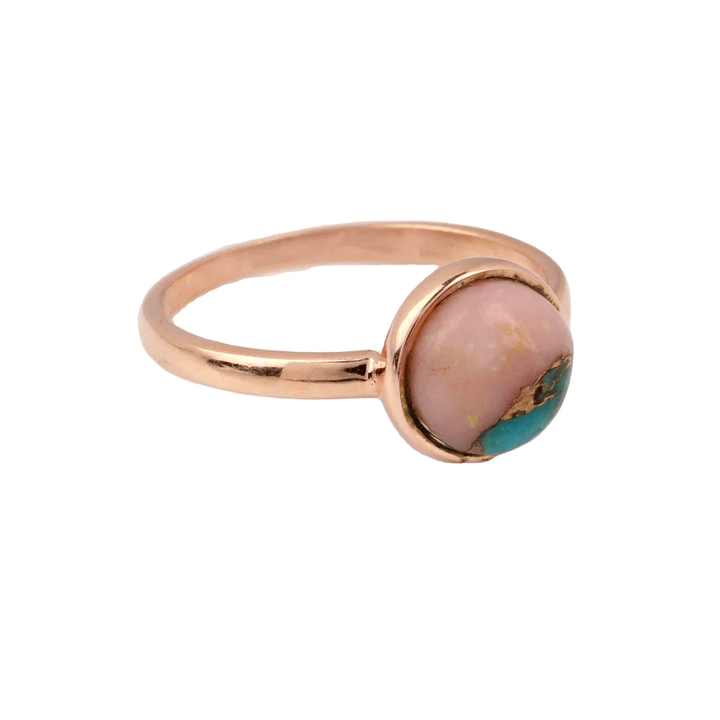 Hot Selling 2025 Wholesale 10mm Pink Opal Copper Turquoise Stone Bezel Rose Gold Plated Silver Dainty Round Shape Ring for Her