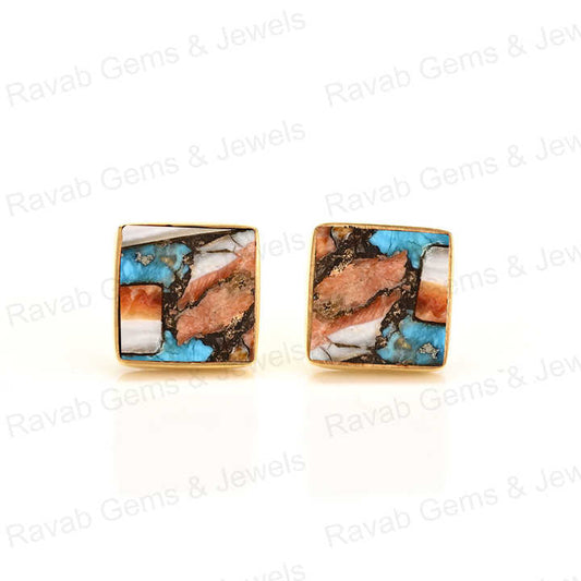High Quality 925 Sterling Silver Fine Stud Earrings Handmade Mohave Spiny Oyster 12mm Square Bezel Stud Flat for Women