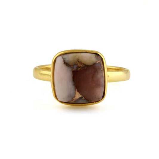 Hot Selling 12mm Pink Opal Copper Healing Stone Bezel 18k Gold Plated 925 Silver Minimalist Cushion Ring Women Jewelry Supplier