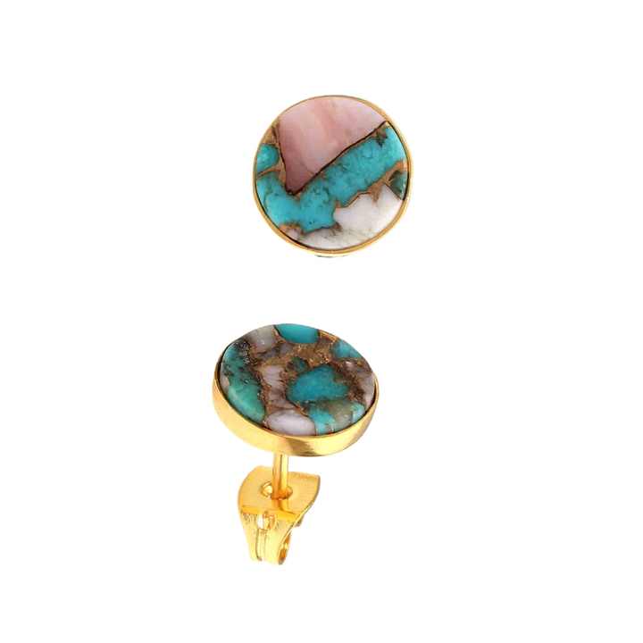 Trendy Stud Earring pink Earrings Turquoise Opal Copper Sterling Silver Bezel Natural Round pink & Blue Stud Earrings