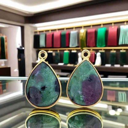 High-Polished 925 Sterling Silver Teardrop Pendant Necklace High Quality 12x16mm Ruby Zoisite Gold Plating Fine Bezel Charms