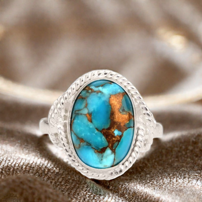 Hot Selling Top Quality Kingman Blue Copper Turquoise Gemstone Genuine 925 Sterling Silver Oval 10x14mm Designer Ring for Women