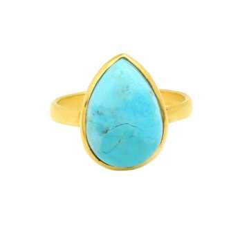 Best Selling 925 Sterling Silver 18K Gold Fine Ring for Women Kingman Blue Arizona Turquoise 12x16mm Pear Bezel Setting Jewelry