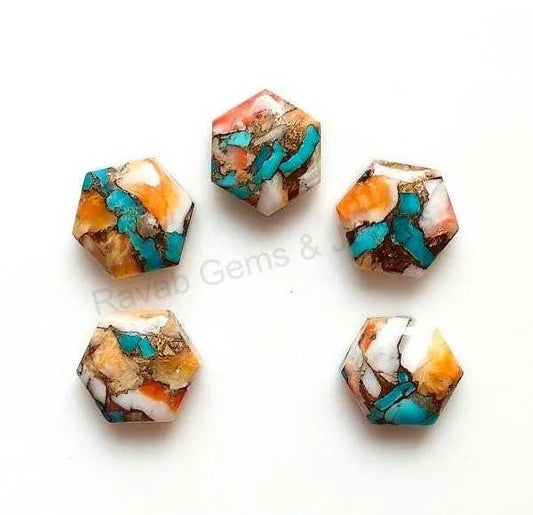 Top Quality Spiny Oyster Copper Turquoise 12x12mm Hexagon Smooth Cabochons Flat Back Gemstone Turquoise Making Gold Jewelry