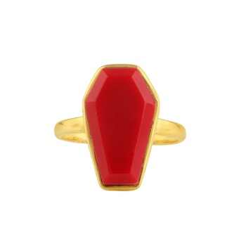 Top Quality 10x17mm Synthetic Red Coral Gemstone Bezel Handmade Sterling Silver 18K Gold Plated Coffin Dainty Ring for Women