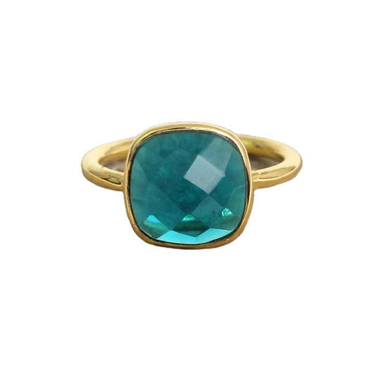 2024 Top Selling 12mm Green Dyed Teal Hydro Quartz Gemstone 18k Gold Plated Sterling Silver Cushion Dainty Ring for Women Jewels