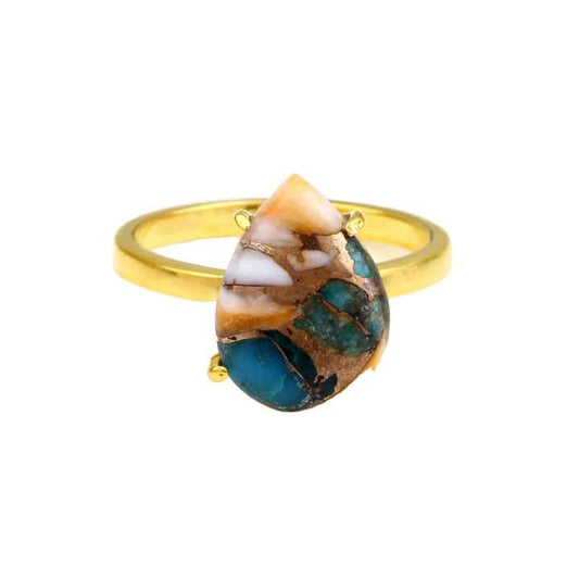 10x14mm Natural Mohave Spiny Oyster Turquoise 18k Gold Plated Dainty Boho Style Fine Sterling Silver Women's Ring Copper