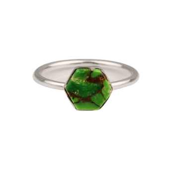 Best Selling Dainty Hexagon Shape Silver Sterling Ring 12mm Mohave Green Copper Turquoise Gemstone Bezel Fine Band for Her