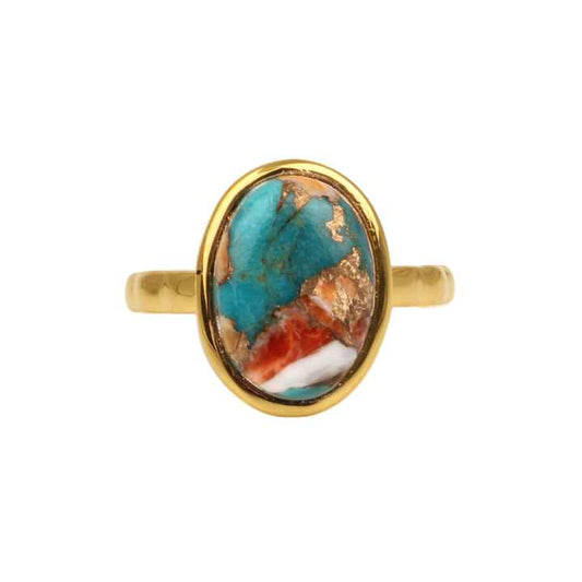 New Arrival Solid 925 Sterling Silver 18k Gold Plated Natural Spiny Oyster Copper Turquoise Oval Bezel Setting Ring for Women