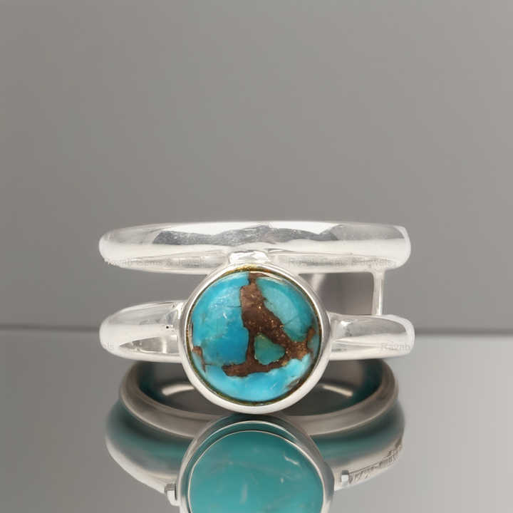 Genuine 925 Sterling Silver Natural Blue Copper Turquoise Round Shape Double Band Ring For Women Fine Handmade Jewelry Suppliers