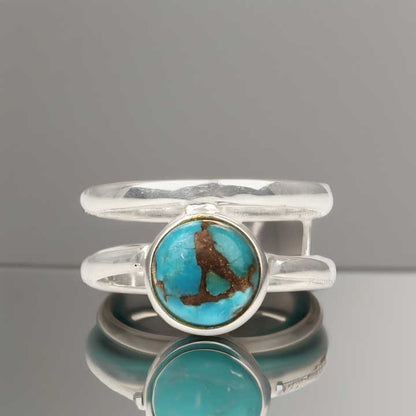 Genuine 925 Sterling Silver Natural Blue Copper Turquoise Round Shape Double Band Ring For Women Fine Handmade Jewelry Suppliers