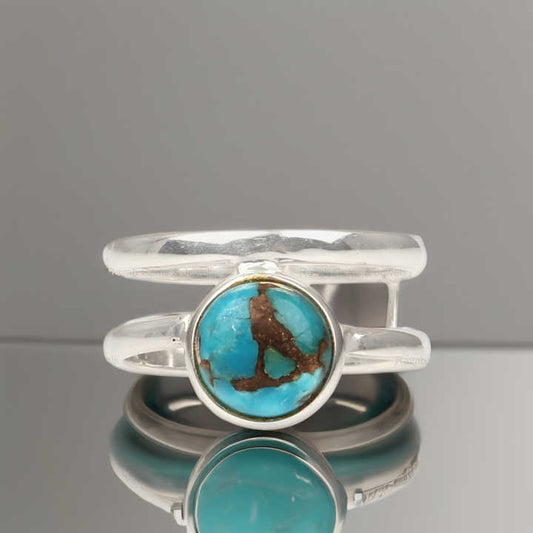 Genuine 925 Sterling Silver Natural Blue Copper Turquoise Round Shape Double Band Ring For Women Fine Handmade Jewelry Suppliers
