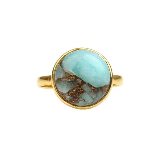 18K Gold Plated Genuine 925 Sterling Silver Dainty Ring 12mm Natural Amazonite Copper Gemstone Bezel for Women Fine Jewelry