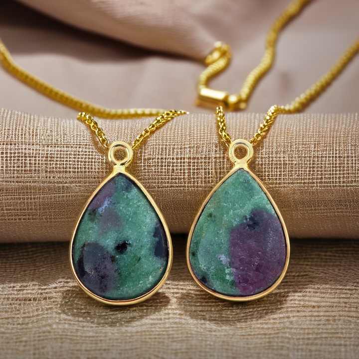 High-Polished 925 Sterling Silver Teardrop Pendant Necklace High Quality 12x16mm Ruby Zoisite Gold Plating Fine Bezel Charms