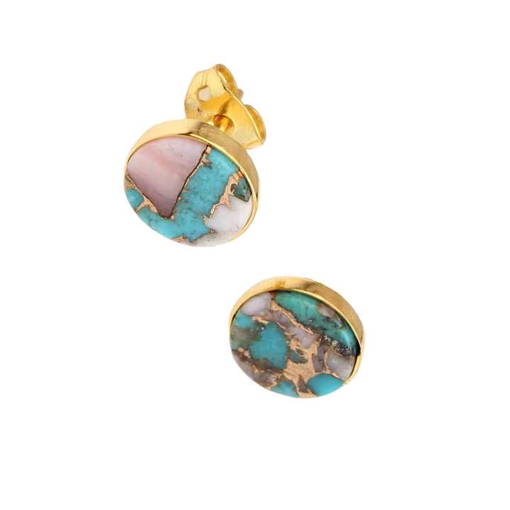Trendy Stud Earring pink Earrings Turquoise Opal Copper Sterling Silver Bezel Natural Round pink & Blue Stud Earrings