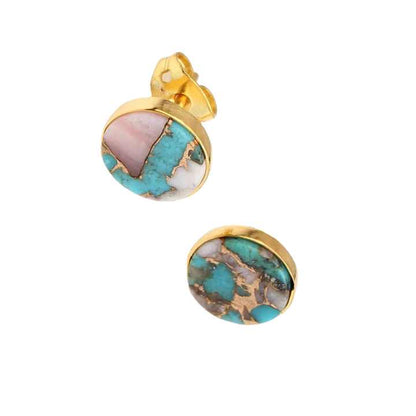 Trendy Stud Earring pink Earrings Turquoise Opal Copper Sterling Silver Bezel Natural Round pink & Blue Stud Earrings