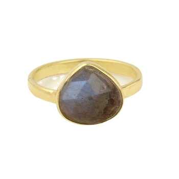 Solid 925 Sterling Silver 18K Gold Plated Handmade 12mm Heart-Shape Checker Cut Bezel Setting Ring Natural Labradorite Fine