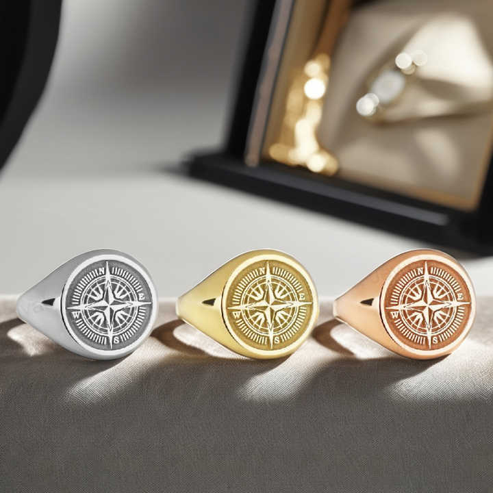 Christmas Sale Solid 925 Sterling Silver Retro Compass Engraving Signet Ring for Women & Men Fine Handmade Unique Fine Gifts