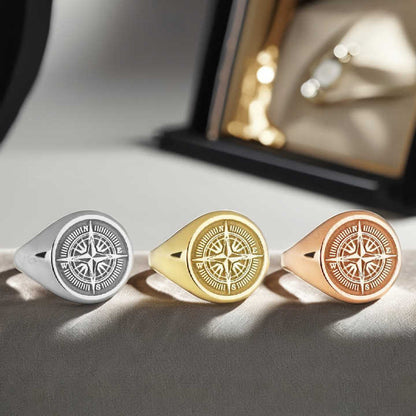 Christmas Sale Solid 925 Sterling Silver Retro Compass Engraving Signet Ring for Women & Men Fine Handmade Unique Fine Gifts