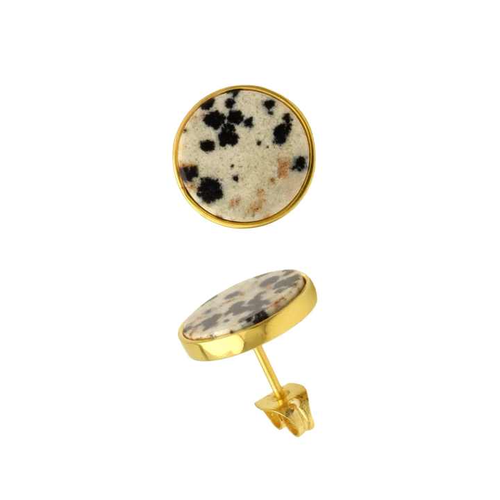 Handmade Dalmatian Jasper Women Earrings 18k Gold Plated Sterling Silver Natural Round Shape Gemstone Stud Earrings