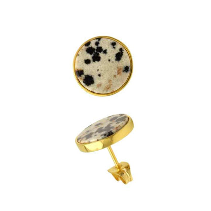 Handmade Dalmatian Jasper Women Earrings 18k Gold Plated Sterling Silver Natural Round Shape Gemstone Stud Earrings