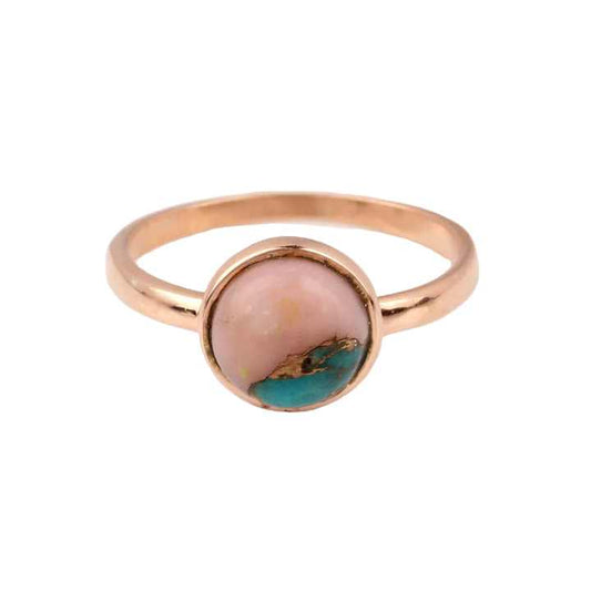 Hot Selling 2025 Wholesale 10mm Pink Opal Copper Turquoise Stone Bezel Rose Gold Plated Silver Dainty Round Shape Ring for Her