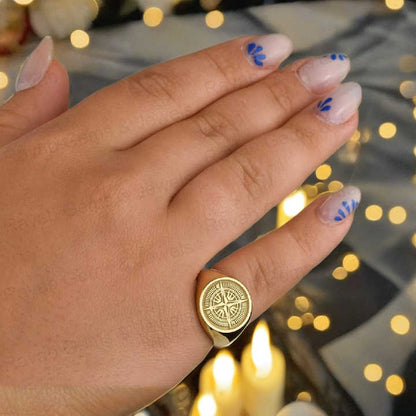Christmas Sale Solid 925 Sterling Silver Retro Compass Engraving Signet Ring for Women & Men Fine Handmade Unique Fine Gifts