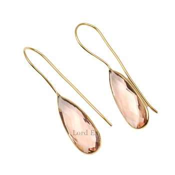 New Arrival Solid 925 Sterling Silver 18k Gold Plated Peach Quartz Hydro Checker Cut Long Pear Drop Dangle Earring for Women