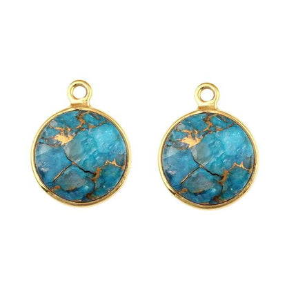 12mm Natural Mohave Blue Copper Turquoise Gemstone Bezel 18k Gold Plated Sterling Silver Round Shape Charm Pendant for Necklace