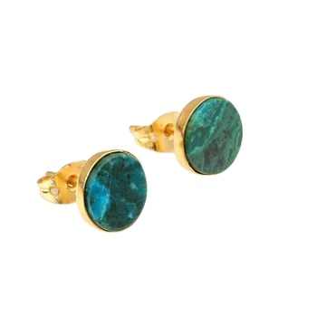 Top Quality Genuine Solid 925 Sterling Silver 18k Gold Plated 10mm Natural Chrysocolla Round Smooth Stud Earring for Women