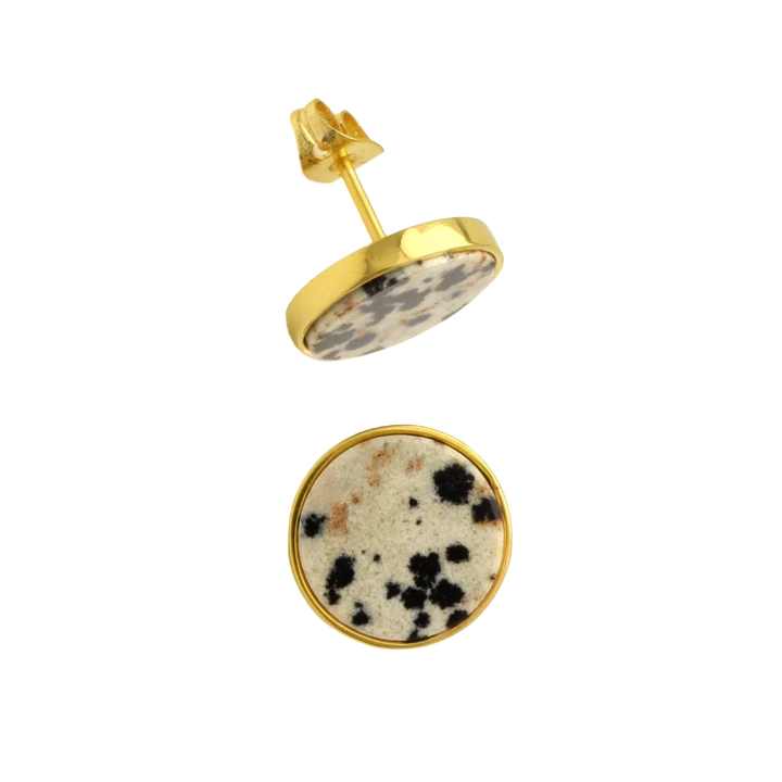 Handmade Dalmatian Jasper Women Earrings 18k Gold Plated Sterling Silver Natural Round Shape Gemstone Stud Earrings