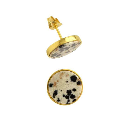 Handmade Dalmatian Jasper Women Earrings 18k Gold Plated Sterling Silver Natural Round Shape Gemstone Stud Earrings