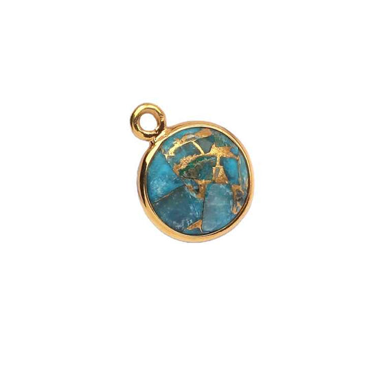 12mm Natural Mohave Blue Copper Turquoise Gemstone Bezel 18k Gold Plated Sterling Silver Round Shape Charm Pendant for Necklace