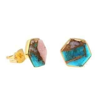 Genuine Solid 925 Sterling Silver 10mm Pink Opal Copper Turquoise Hexagon Shape 18k Gold Filled Stud Handmade Earring for Women