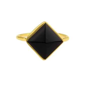 Hot Selling 12mm Natural Black Onyx Gemstone Bezel Set 18K Gold Plated 925 Silver Dainty Diamond Cut Ring for Women Fine Jewelry