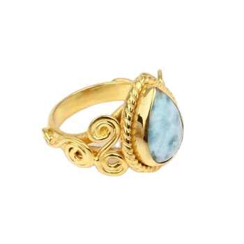 Top Selling 10x14mm Natural Sky Blue Larimar Gemstone Bezel 18k Gold Plated Sterling Silver Designer Bohemian Wedding Ring Women