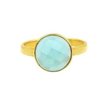 Genuine 18K Gold Plated Fine Jewelry Dainty Minimalist Aqua Chalcedony Bezel Setting Ring for Women Beautiful for Parties