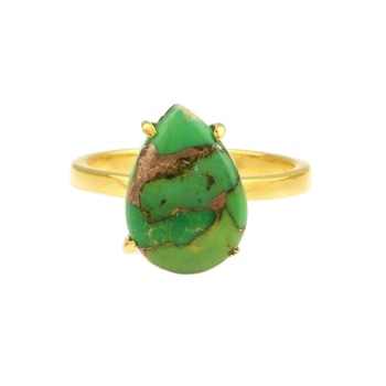 Unisex 10x14mm Natural Mohave Green Copper Turquoise Stone Band Ring Stylish 18K Gold Plated Sterling Silver Jewelry