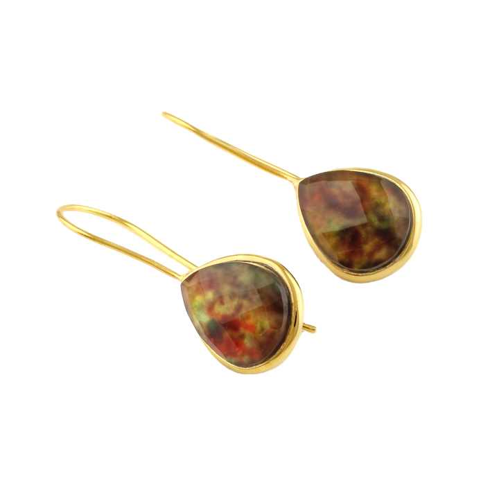 Best Quality Solid 925 Sterling Silver Natural Ammonite Checker Cut Pear 12x16mm 18k Gold Plated Drop Dangle Earring for Women