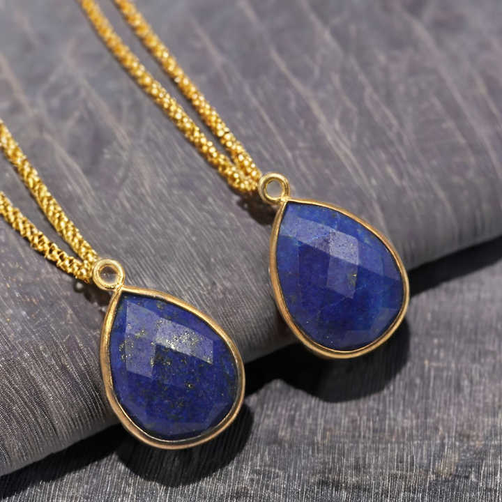 Genuine Solid 925 Sterling Silver 18k Gold Plated Natural Lapis Lazuli 12x16mm Pear Drop Checker Cut Bezel Setting Connectors